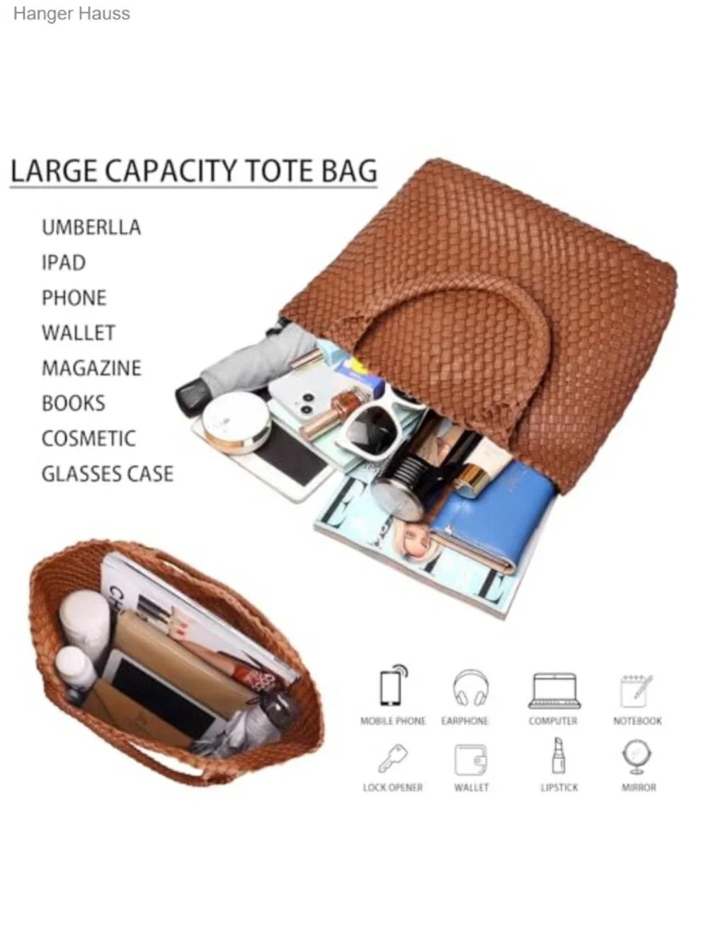 Woven Vegan Leather Tote Bag for Women Large Shoulder Handbag